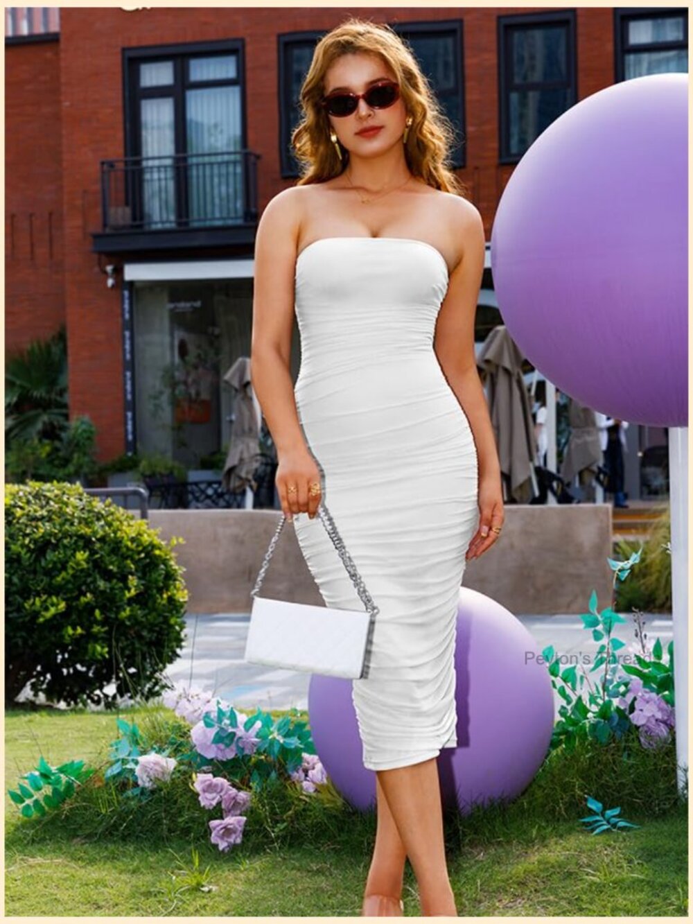 Sexy Strapless Bodycon Ruched Midi Club Party Dress Sleeveless - Picture 7 of 7